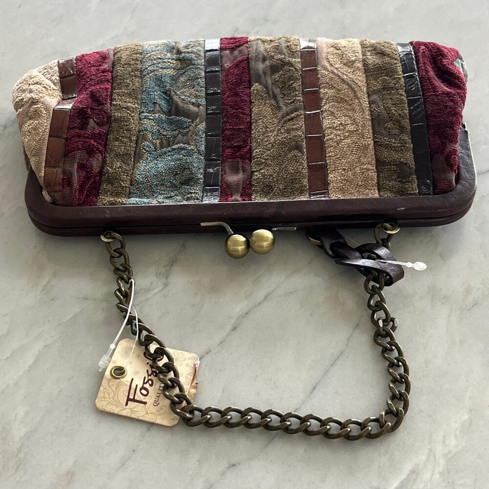 Fossil Blakely Frame Clutch Patchwork Leather Kiss Lock Bag Purse NWT - Picture 4 of 15